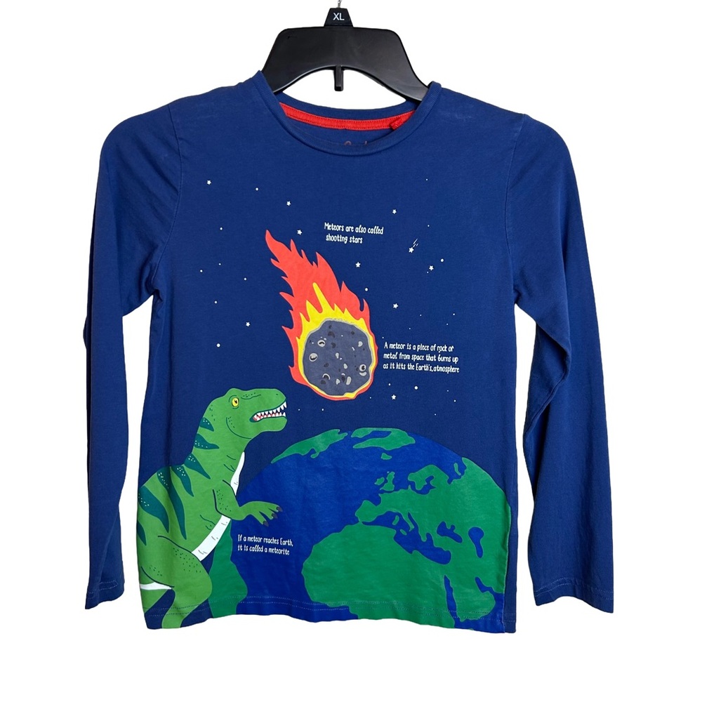 Mini Boden Boys Dinosaur Meteor Graphic Long Sleeve Shirt 8-9Y Blue Space Tee